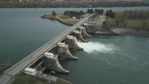 Aerial View Overlooking Bridge Dam Rhone River France Reverse Drone — Video