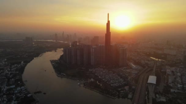 Flygdrönare Över Chi Minh City Saigon Skyline Vietnam Solnedgång Med — Stockvideo