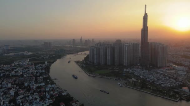 Flygdrönare Över Chi Minh City Saigon Skyline Vietnam Solnedgång Med — Stockvideo