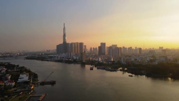 Drohne Über Chi Minh Stadt Saigon Vietnam Sonnenuntergang Mit Landmark — Stockvideo