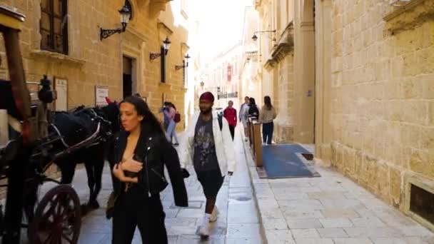 Touristen Gehen Durch Die Straßen Von Mdina Während Pferdekutschen Vorbeifahren — Stockvideo
