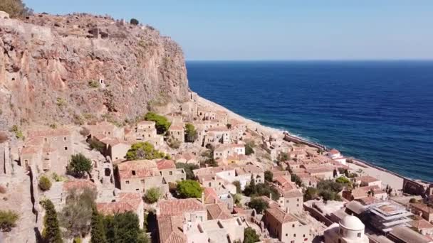 Old Medieval Town Monemvasia Lakonia Peloponnese Greece Aerial — Video