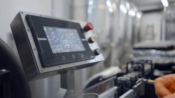 Worker Hand Rubber Glove Pressing Automated Machine Beer Factory Canning — Stock video