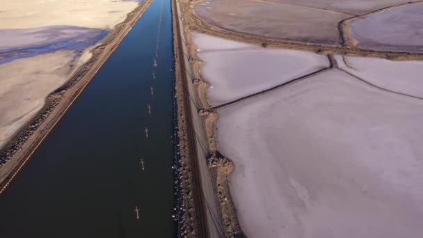 犹他州运河和火车轨道旁边的粉色盐滩 — 图库视频影像