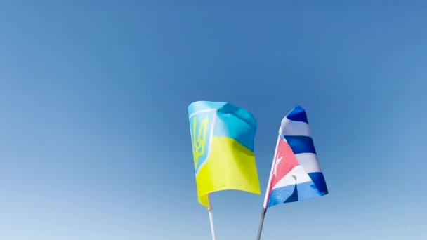 Rus Ukrayna Bayrakları Rüzgarda Birlikte Dalgalanıyor Barışın Birlikteliğin Vatanseverliğin Milliyetçiliğin — Stok video
