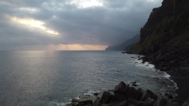 Beautiful Sunset Rays Beaming Sea Madeira Shot Dji — Stockvideo