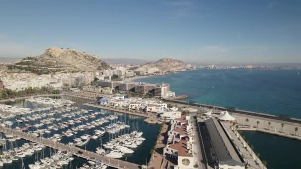 Jachten Afgemeerd Jachthaven Van Alicante Historische Havenstad Costa Blanca Antenne — Stockvideo