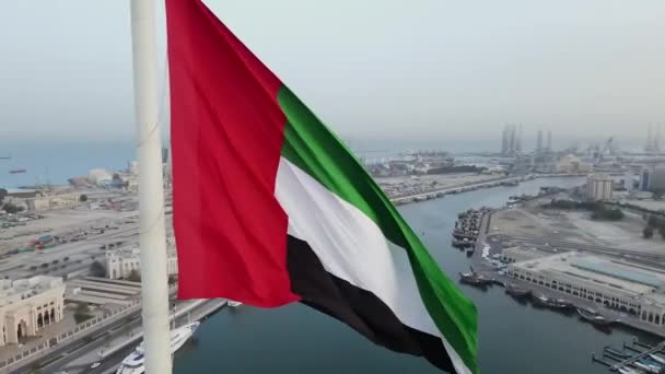 Primer Plano Bandera Los Emiratos Árabes Unidos Ondeando Aire Sobre — Vídeo de stock