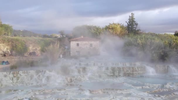 Mañana Famoso Lugar Lleno Vapor Saturnia Aguas Termales Toscana Aérea — Vídeos de Stock