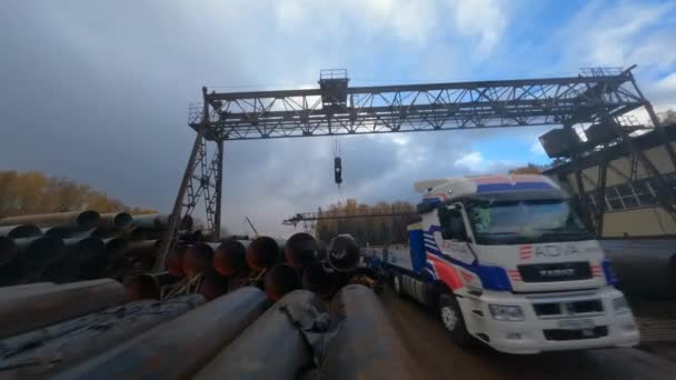 Crazy Drone Flying Steel Pipe Being Loaded Crane Manufacturing Transportation — Video