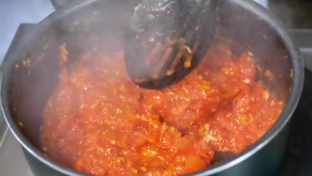 Close View Fresh Tomato Puree Being Cooked Pan — Stock video