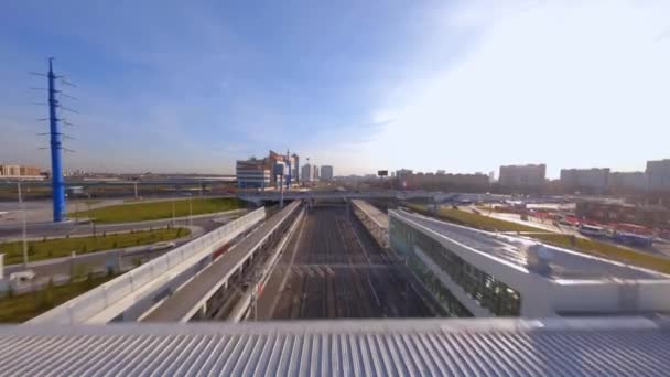 Fpv Drone Shot Train Leaving Railway Station Moscow Russia Pov — Vídeo de stock