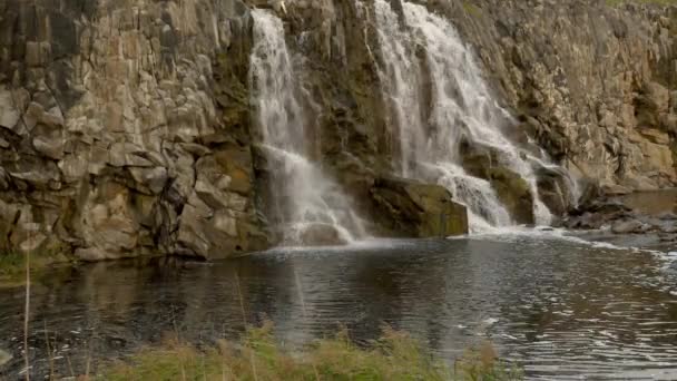 Small Waterfall Plunges Dark Moss Covered Basalt Rocks — Vídeo de Stock