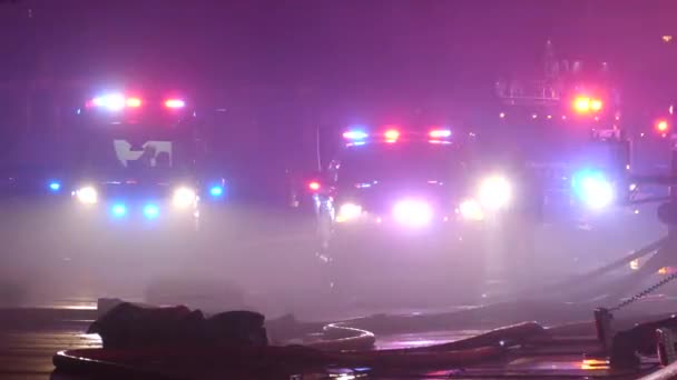 Samochody Policyjne Czerwonymi Niebieskimi Światłami Płonące Przestępczość Tragedia Tle — Wideo stockowe