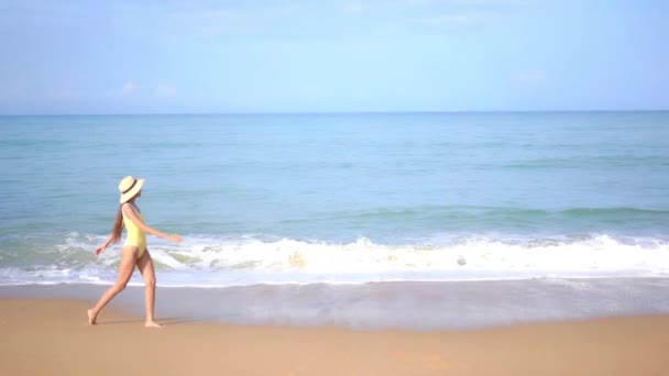 性感纤细的女模 身穿泳衣在沙滩上走着 被海浪冲刷着 动作缓慢 — 图库视频影像