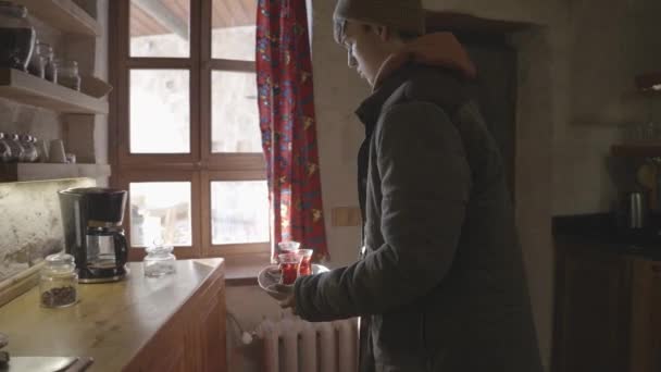 Young Man Grabbing Tray Full Red Tea Walking Out Wooden — Stock Video