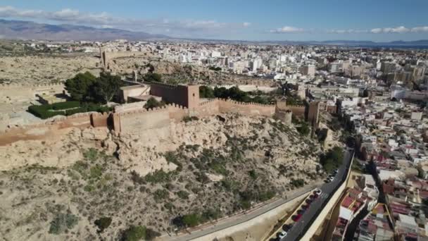 Alcazaba Von Almeria Und Umgebung Spanien Drohnenpanorama Aus Der Luft — Stockvideo