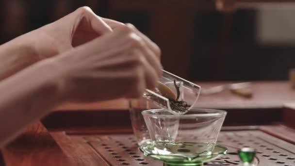 Asiatin Legt Grüne Teeblätter Aus Glasschale Chinesische Gaiwan Schüssel Auf — Stockvideo