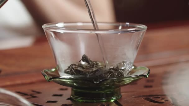 Додавання Гарячої Води Автентичну Скляну Чашу Китайським Зеленим Листям Чаю — стокове відео