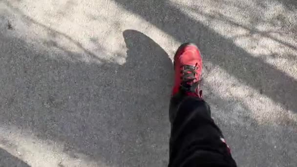 Voeten Met Rode Schoenen Wandelen Grijs Asfalt Stoep Een Zonnige — Stockvideo