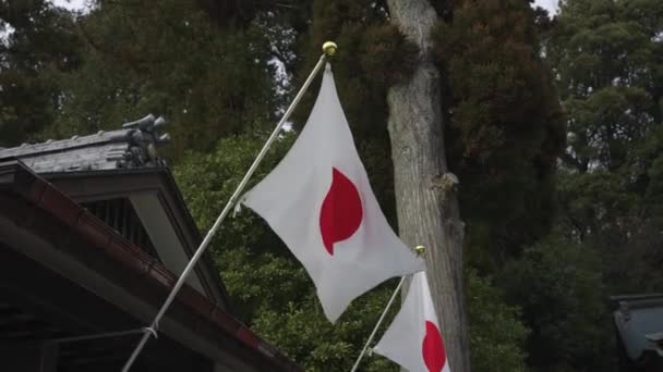 Zwei Japanische Flaggen Wehen Zeitlupe Tempel — Stockvideo