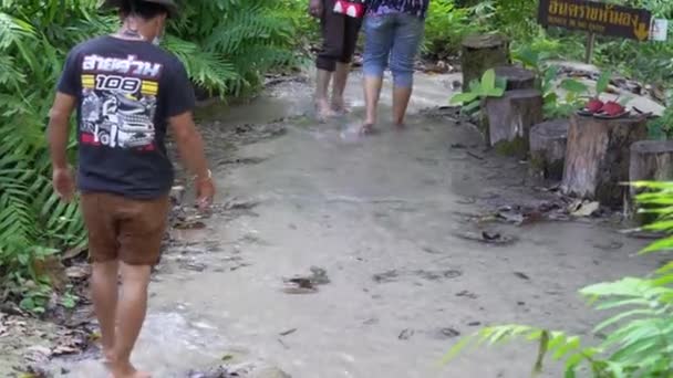 Lokaler Asiatischer Reiseleiter Und Touristenpaar Tropischen Wasserfall — Stockvideo