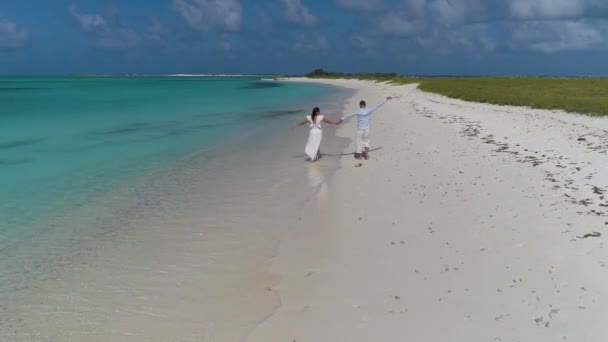 Barefoot Couple Hold Hands Arms Raised Walk White Sand Beach — Vídeo de Stock