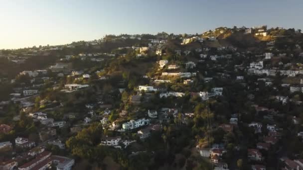 Aerial View Hollywood Hills Upscale Residential Community Sunset Sunlight Drone — стокове відео