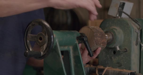 Man Loads Piece Wood Lathing Device Preparation Turning Woodworking Project — Stock Video