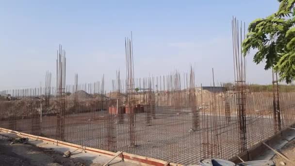 Construction Works Fabricating Steel Reinforcement Bars Construction Site Close View — Video