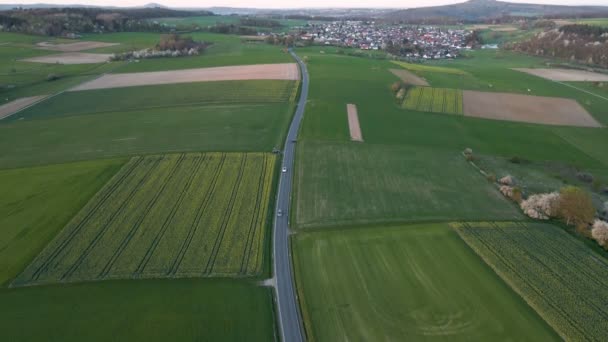 Gebogen Snelweg Met Verschillende Auto Die Leiden Door Groene Weiden — Stockvideo