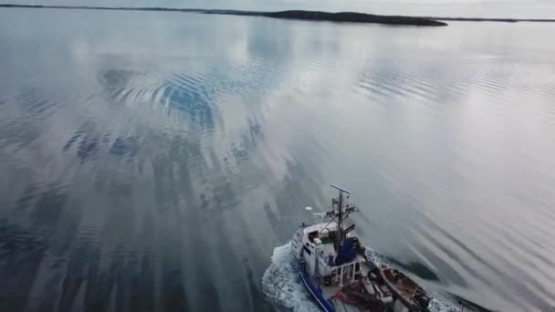 Drone Inclinar Para Baixo Para Barco Camarão Movimento Água Coffin — Vídeo de Stock