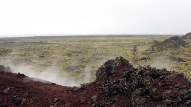 Woman Walking Rim Active Volcano Crater Iceland Steaming Ground Drone — Video Stock