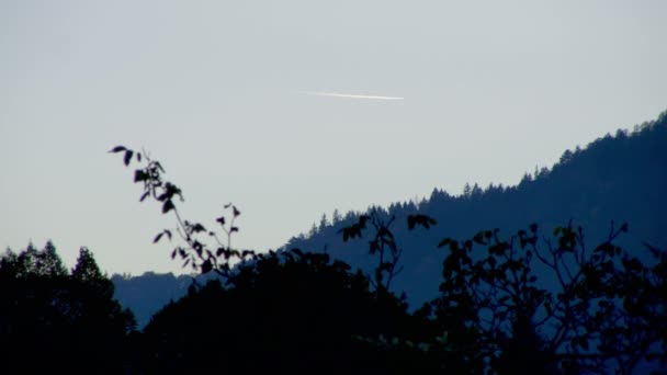 Silhouettierter Bewaldeter Berghorizont Mit Fliegendem Flugzeug Rumänien — Stockvideo