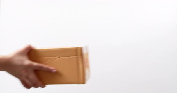 Close Man Hand Receiving Parcel Cardboard Box Delivery Man Who — Video