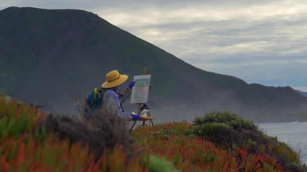 Медленное Движение Снимок Пожилой Женщины Рисующей Скалах Тихоокеанского Побережья Биг — стоковое видео