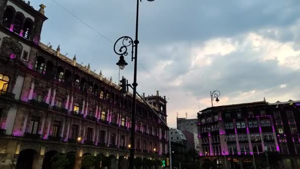 Matahari Terbenam Timelapse Zocalo Kota Meksiko Dan Pencahayaan Lampu Malam — Stok Video