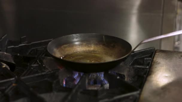 Pouring Cooking Oil Frying Pan Gas Stove Close — Stock Video