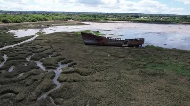 Shipwreck Salt Marshes River Medway Kent Drone Aerial View — Stockvideo