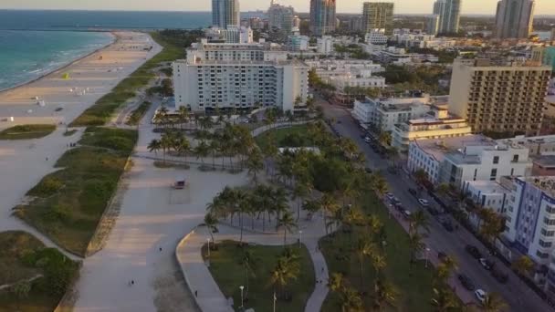 Aerial View Overlooking Lummus Park South Beach Sunset Miami Florida — Stock Video