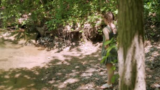 Young Girl Watching Butterfly Fly Woodland Pond — Stock Video