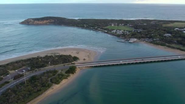 Aerial Footage Looking Downstream Mouth Barwon River Barwon Heads Victoria — Stock Video