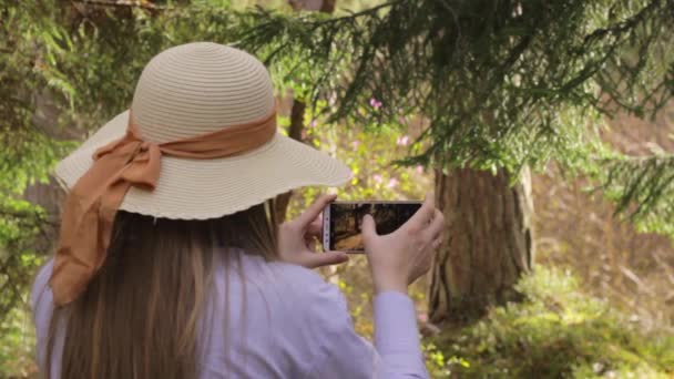 Young Caucasian Girl Holding Phone Takes Photograph Forest Sunshine Static — Stock Video