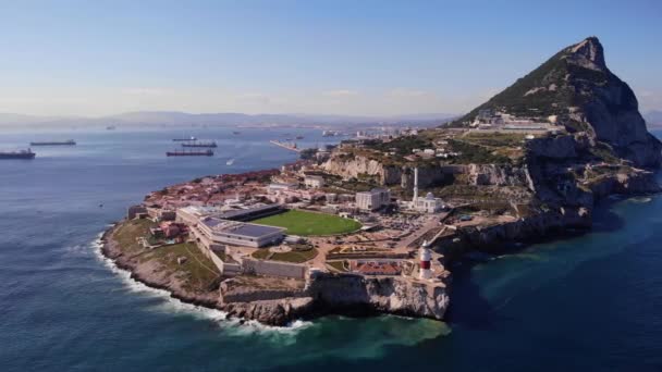 Rugby Stadium White Mosque Europa Point Lighthouse Cliffs Background Ships — Stock Video