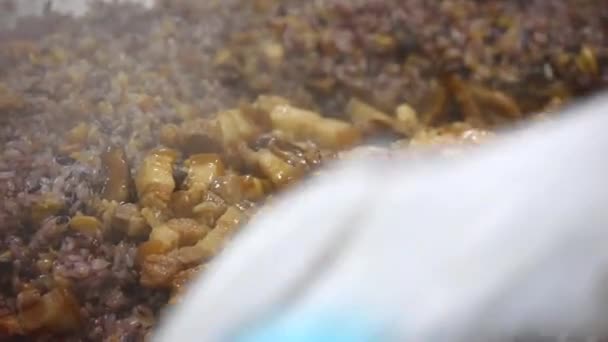 Χοιρινό Τηγανισμένο Σάλτσα Σόγιας Που Τοποθετείται Ένα Μεγάλο Μπολ Αχνιστό — Αρχείο Βίντεο