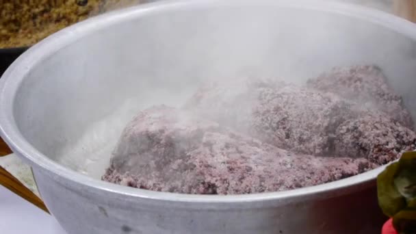 Deep Fried Vegetable Filling Being Placed Top Purple Rice — Stock Video