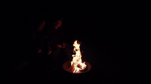 Homme Femme Entourés Ténèbres Éclairés Seulement Par Feu Camp Confortable — Video