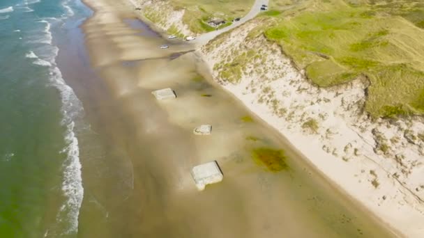 Aerial View Ww2 Remains German Bunker Sandy Beach North Sea — Stock Video