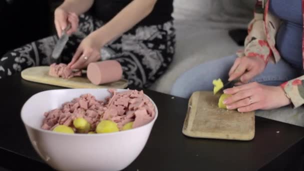 Couple Cooking Together Cutting Potatoes Meat Sausage Mix Bowl — Stock Video
