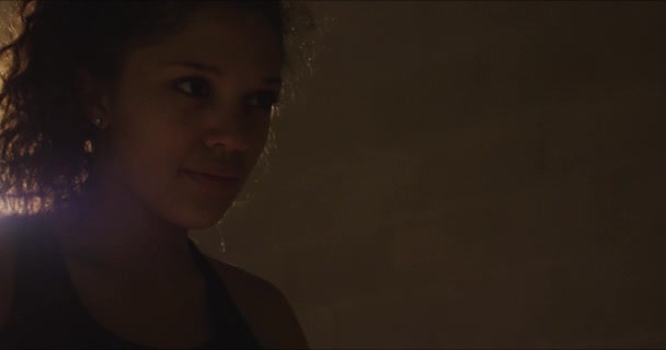 Cinematic Medium Shot Female Athlete Intensely Staring Includes Lens Flares — Vídeo de Stock